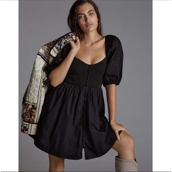Anthropologie Maeve Puffed Sleeve Sweetheart Neckline Button down Mini Dress S - Picture 1 of 13